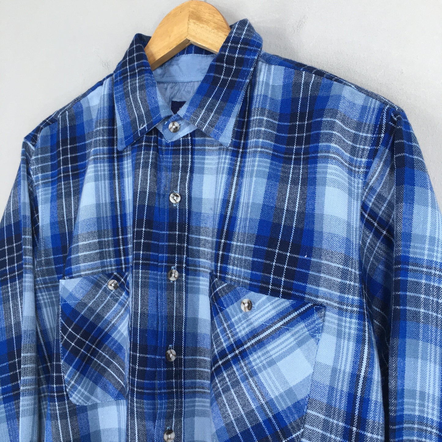 Plaid Shadow Checked Blue Flannel Shirt Large