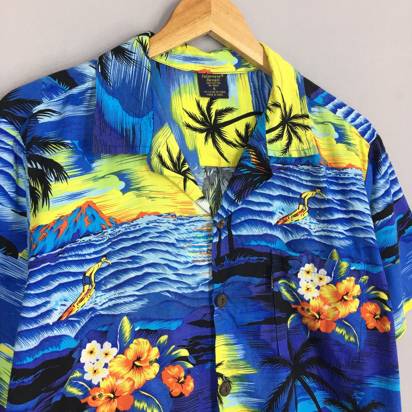 Hawaiian Surfing Palm Tree Aloha Cotton Shirt Small