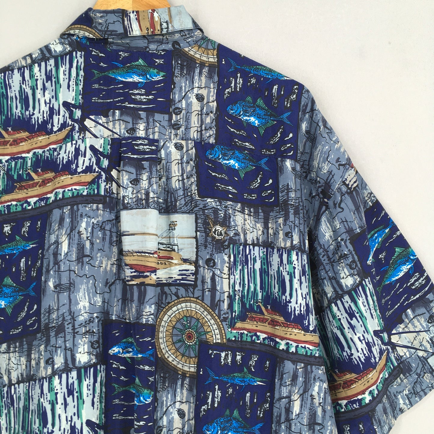 Vintage Fish Sailing Hawaiian Silk Shirt XLarge