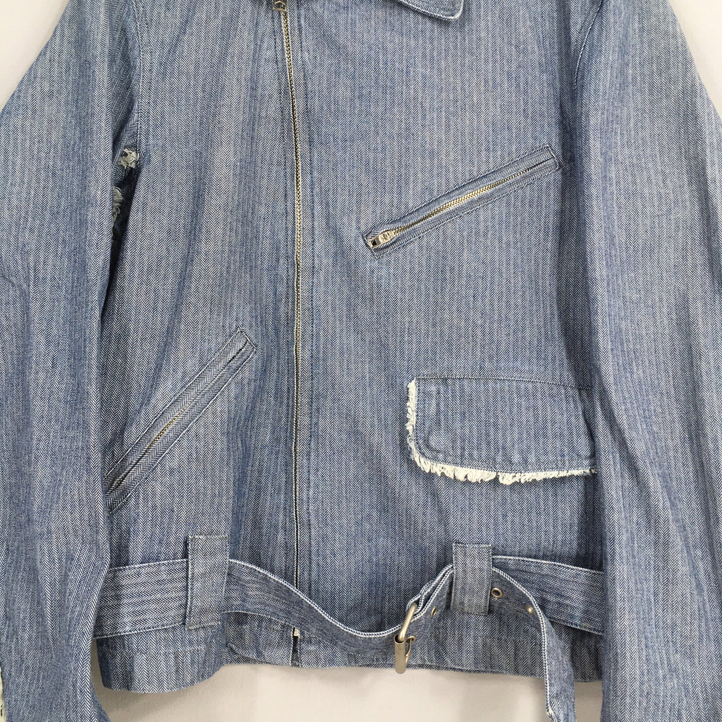 Motorcycle Herringbone Stripes Blue Denim Jacket Large