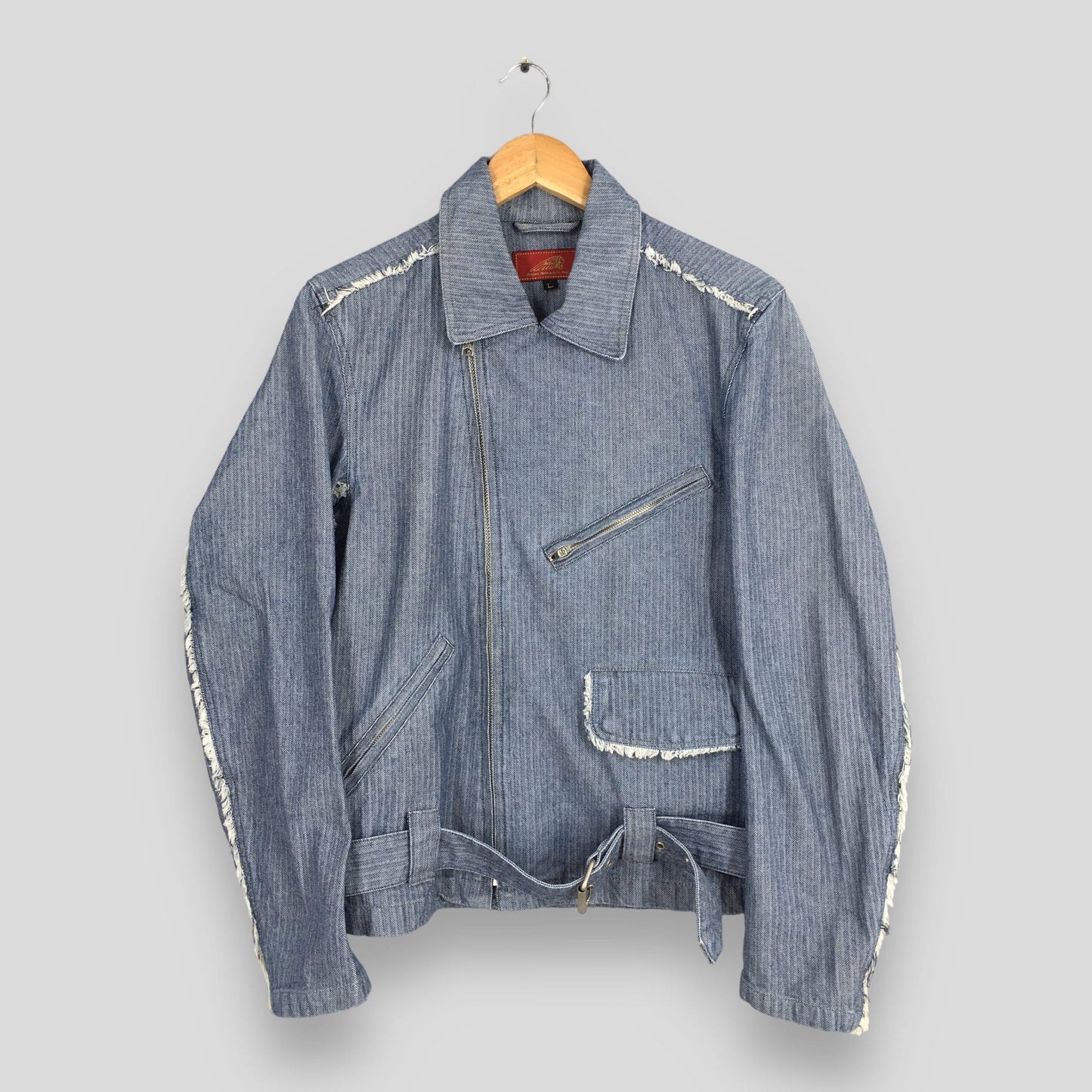 Motorcycle Herringbone Stripes Blue Denim Jacket Large