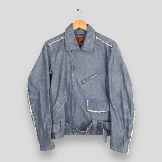 Motorcycle Herringbone Stripes Blue Denim Jacket Large