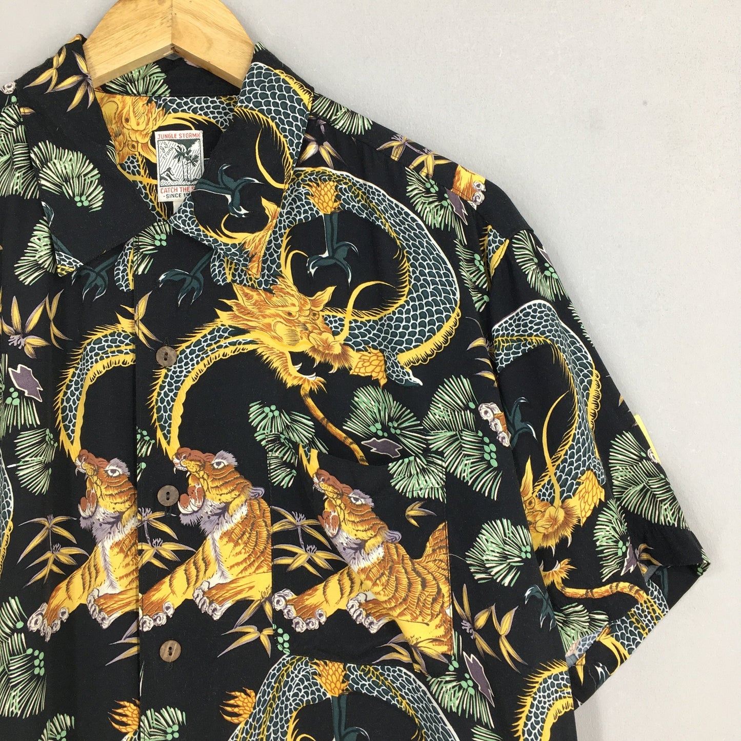 Hawaiian Japanese Jungle Storm Dragon Rayon Shirt Large