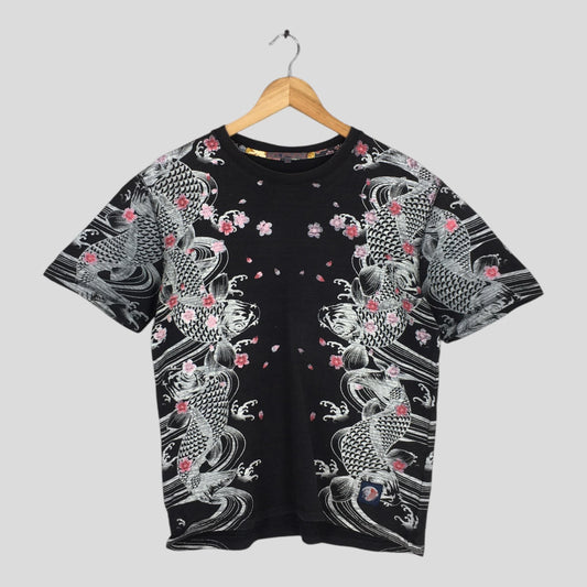 Fish Koi Japanese Culture Sukajan Black Tshirt Large