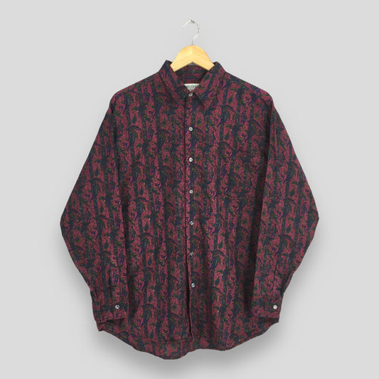 Abstract Red Floral Casual Flannel Shirt Large