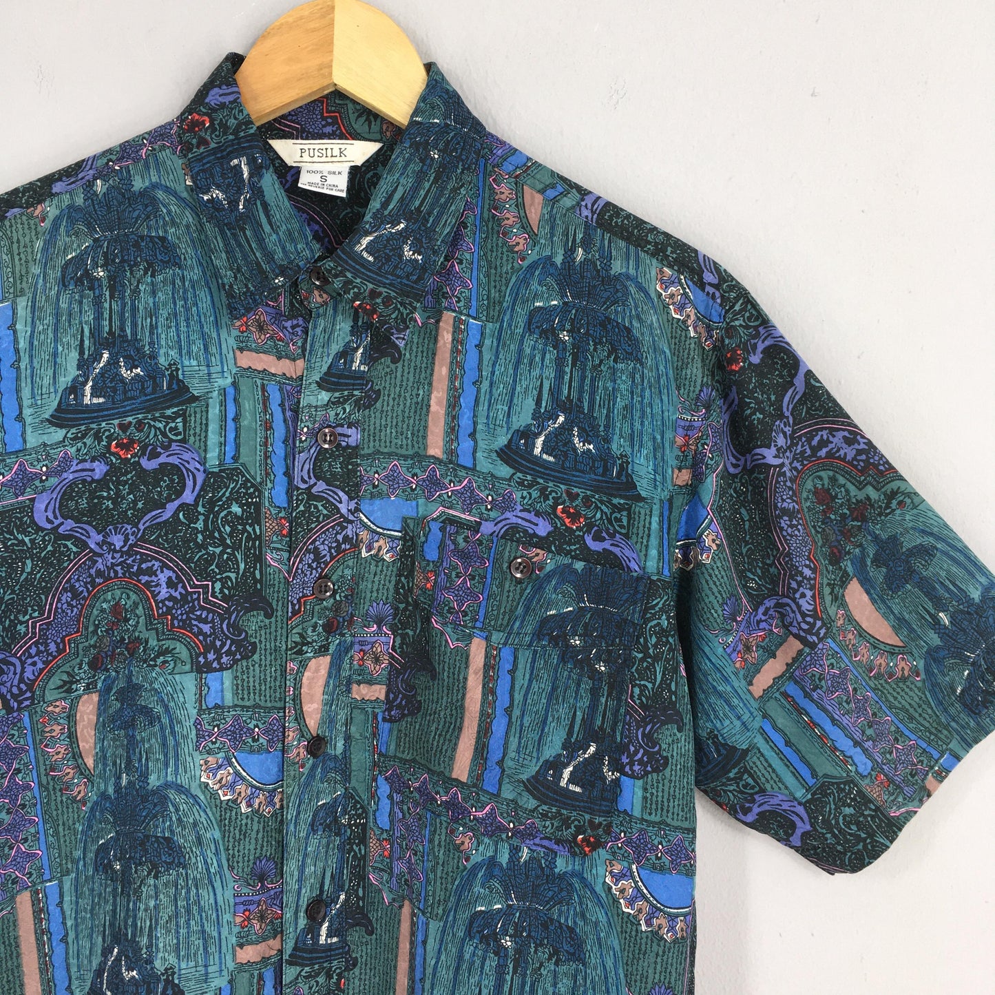 Abstract Fountain Blue Casual Silk Shirt Small