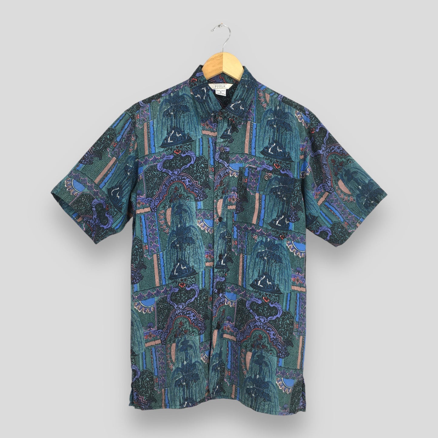 Abstract Fountain Blue Casual Silk Shirt Small