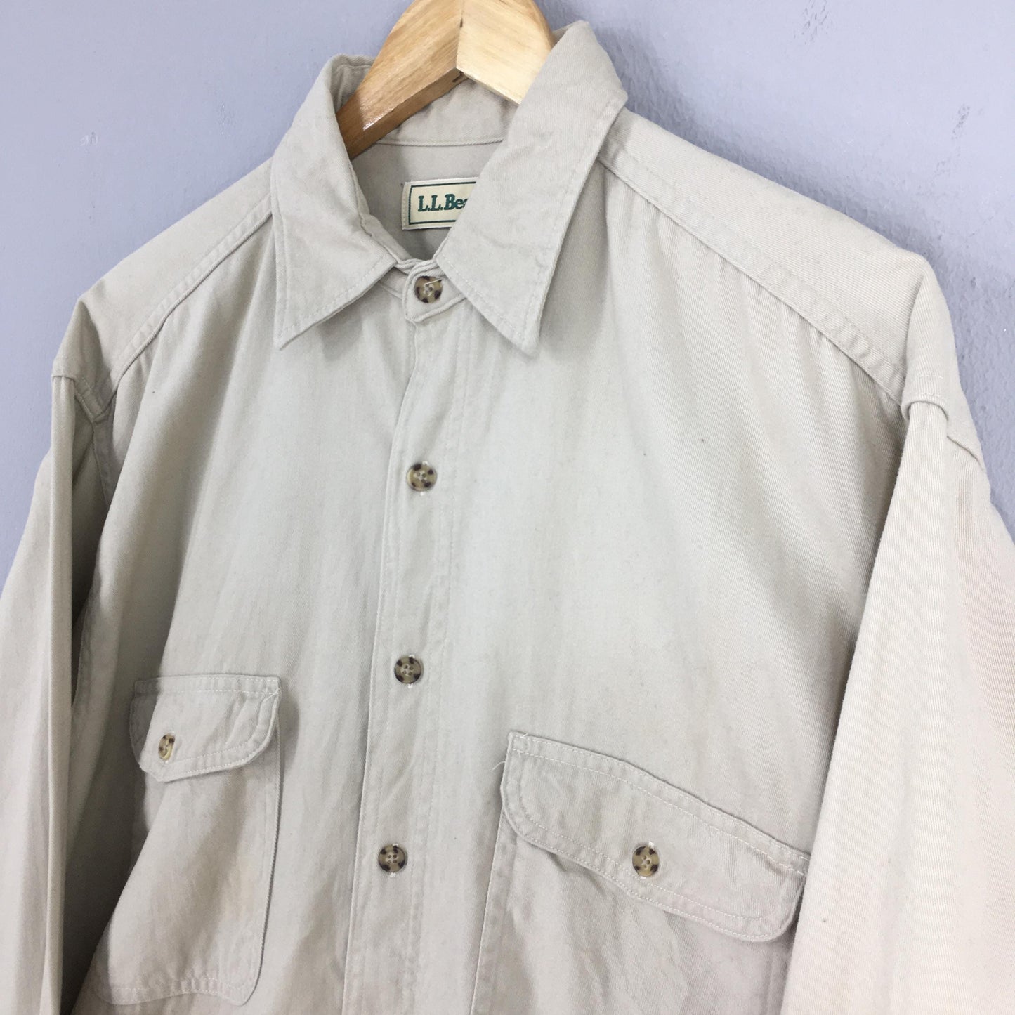 LL Bean Flannel Plain Beige Shirt Mens Medium