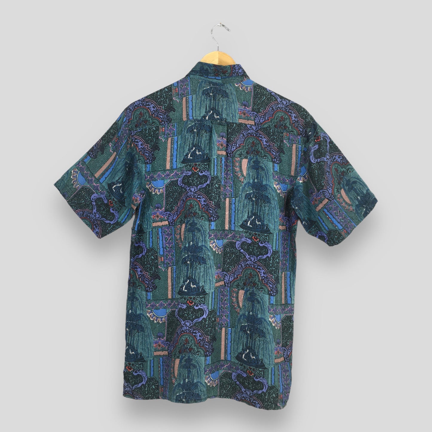 Abstract Fountain Blue Casual Silk Shirt Small