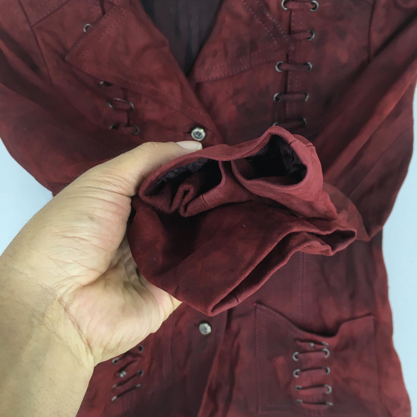 Women's Fringe Jacket Medium Suede Leather Burgundy Patina Goth Punk Rodeo