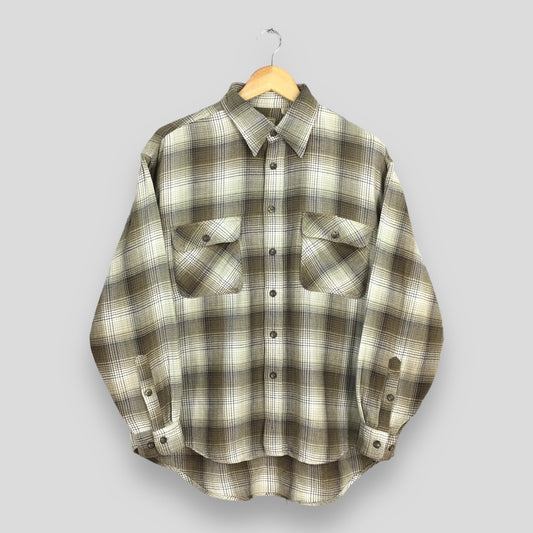 Plaid Shadow Checkered Green Flannel Shirt Large