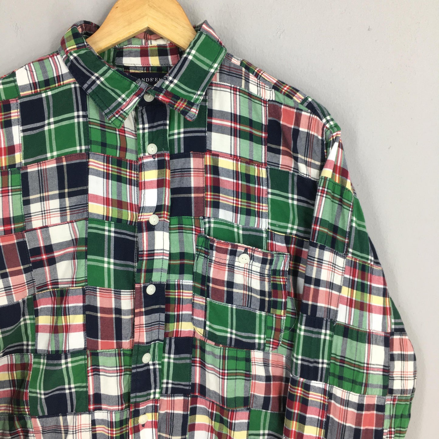 Lands End Patchwork Checkered Flannel Shirt Large