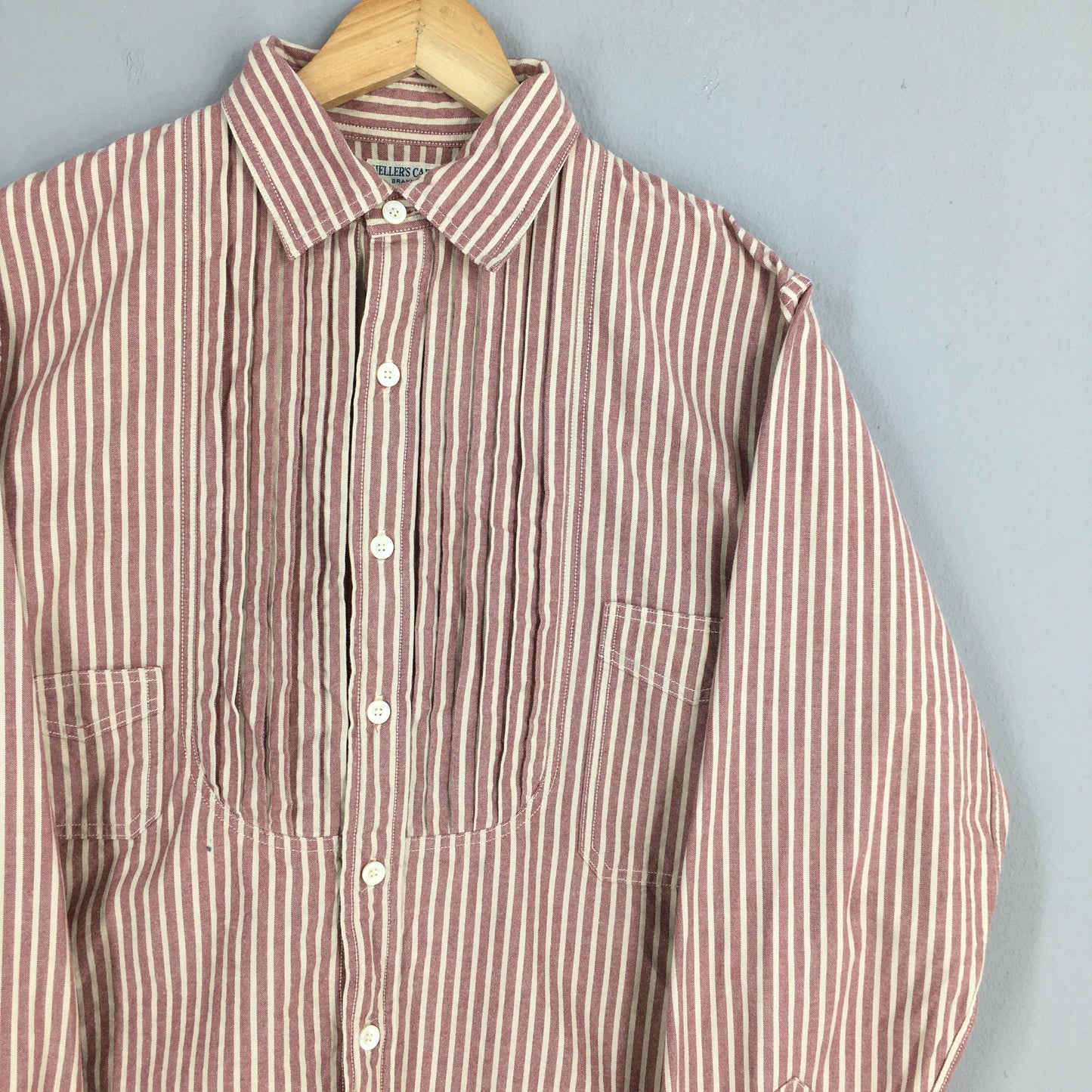 Hellers Cafe Warehouse Vertical Red Stripes Flannel Shirt Medium