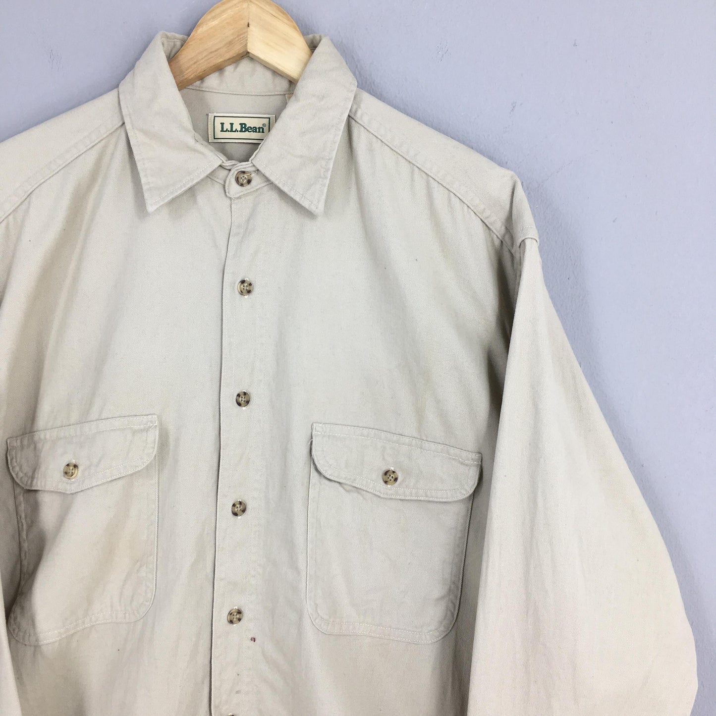 LL Bean Flannel Plain Beige Shirt Mens Medium