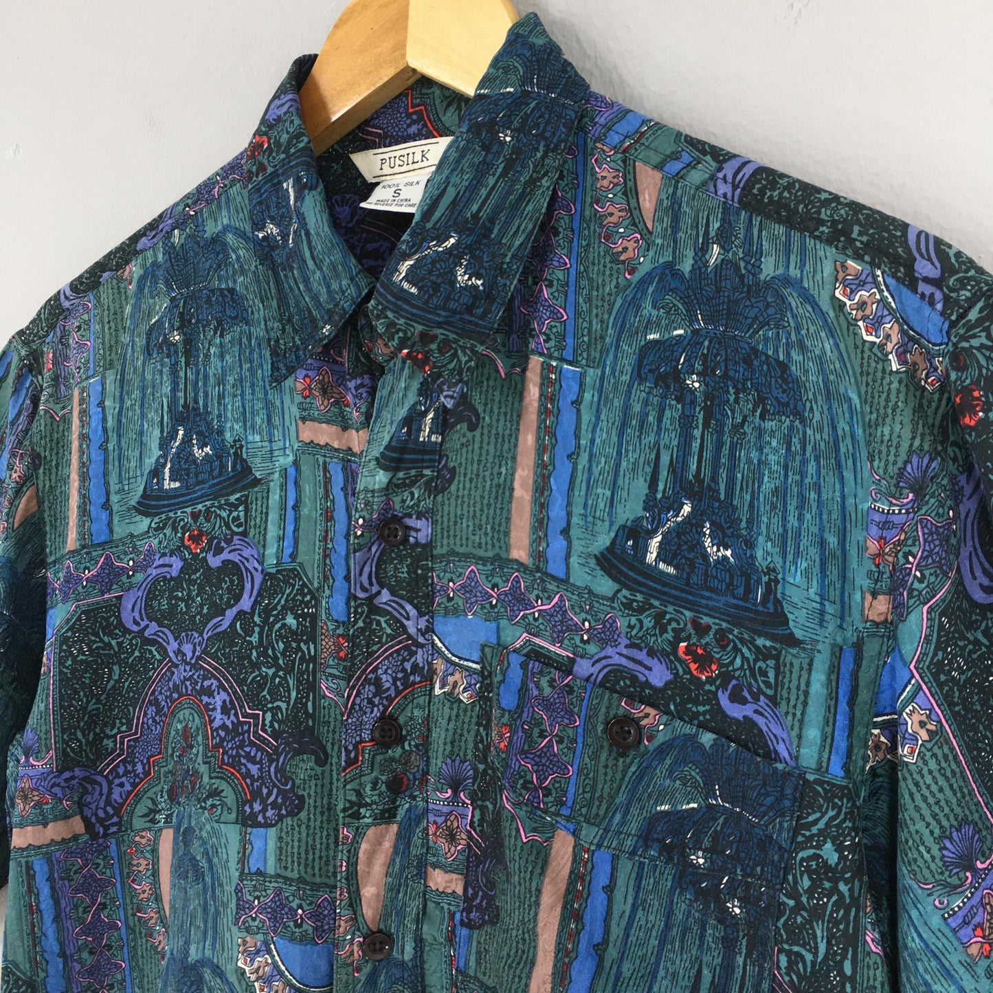 Abstract Fountain Blue Casual Silk Shirt Small