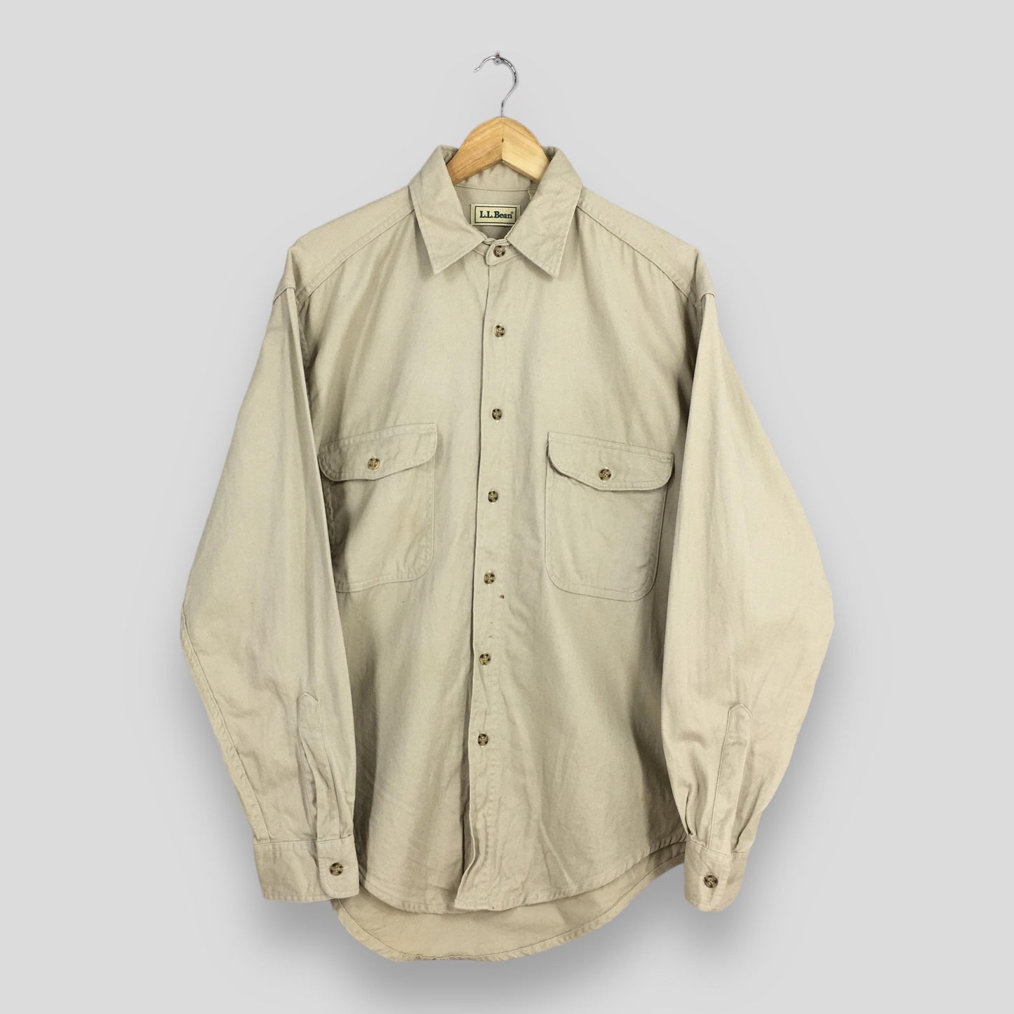 LL Bean Flannel Plain Beige Shirt Mens Medium