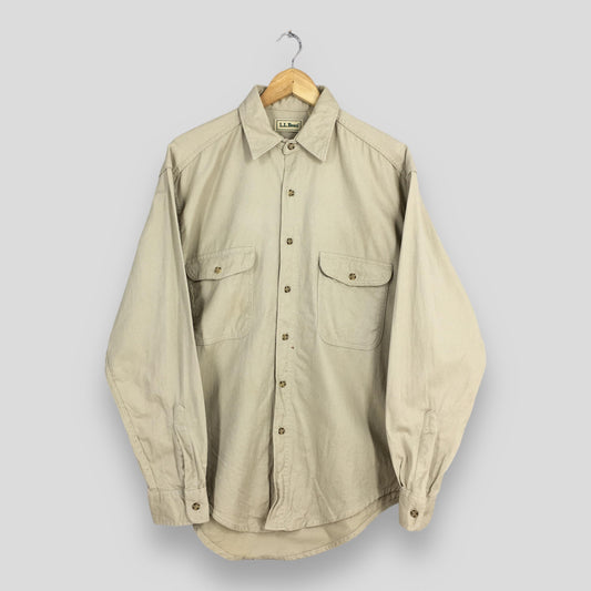 LL Bean Flannel Plain Beige Shirt Mens Medium