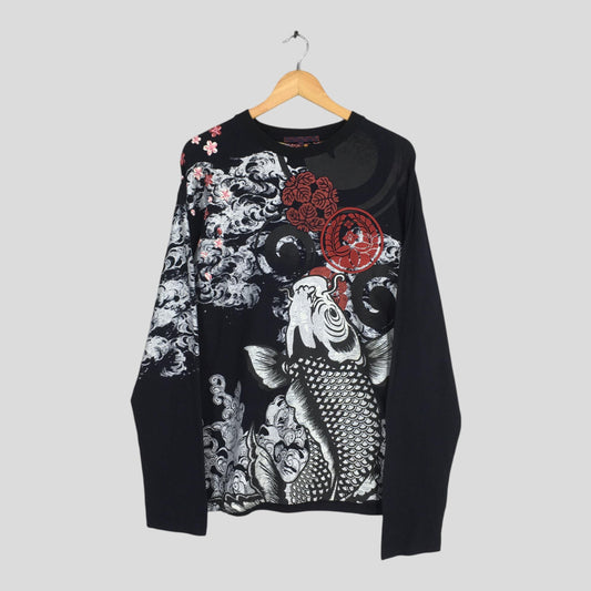 Fish Koi Japanese Culture Sukajan Black Tshirt XLarge