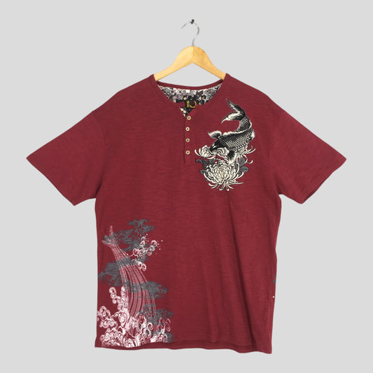 Fish Koi Japanese Culture Sukajan Red Tshirt Large