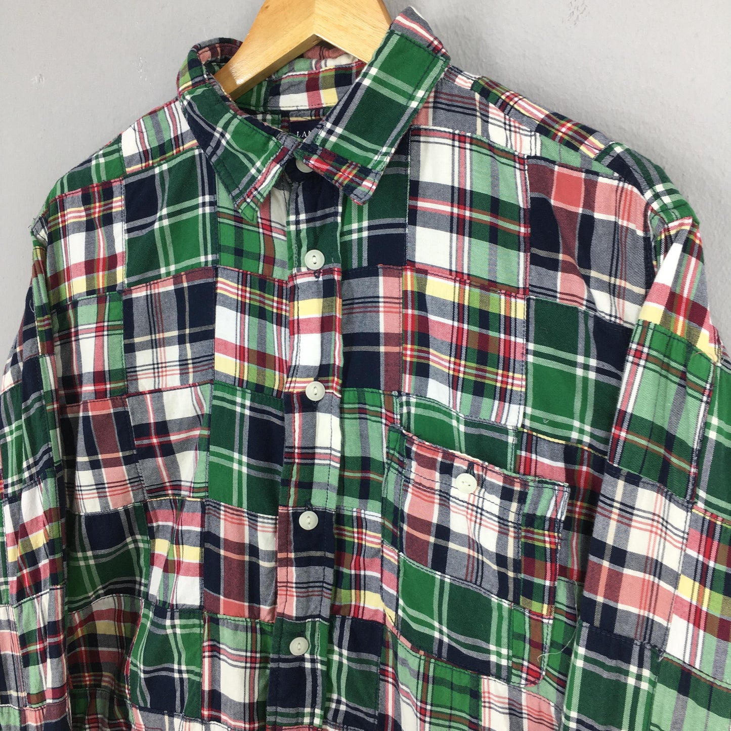 Lands End Patchwork Checkered Flannel Shirt Large