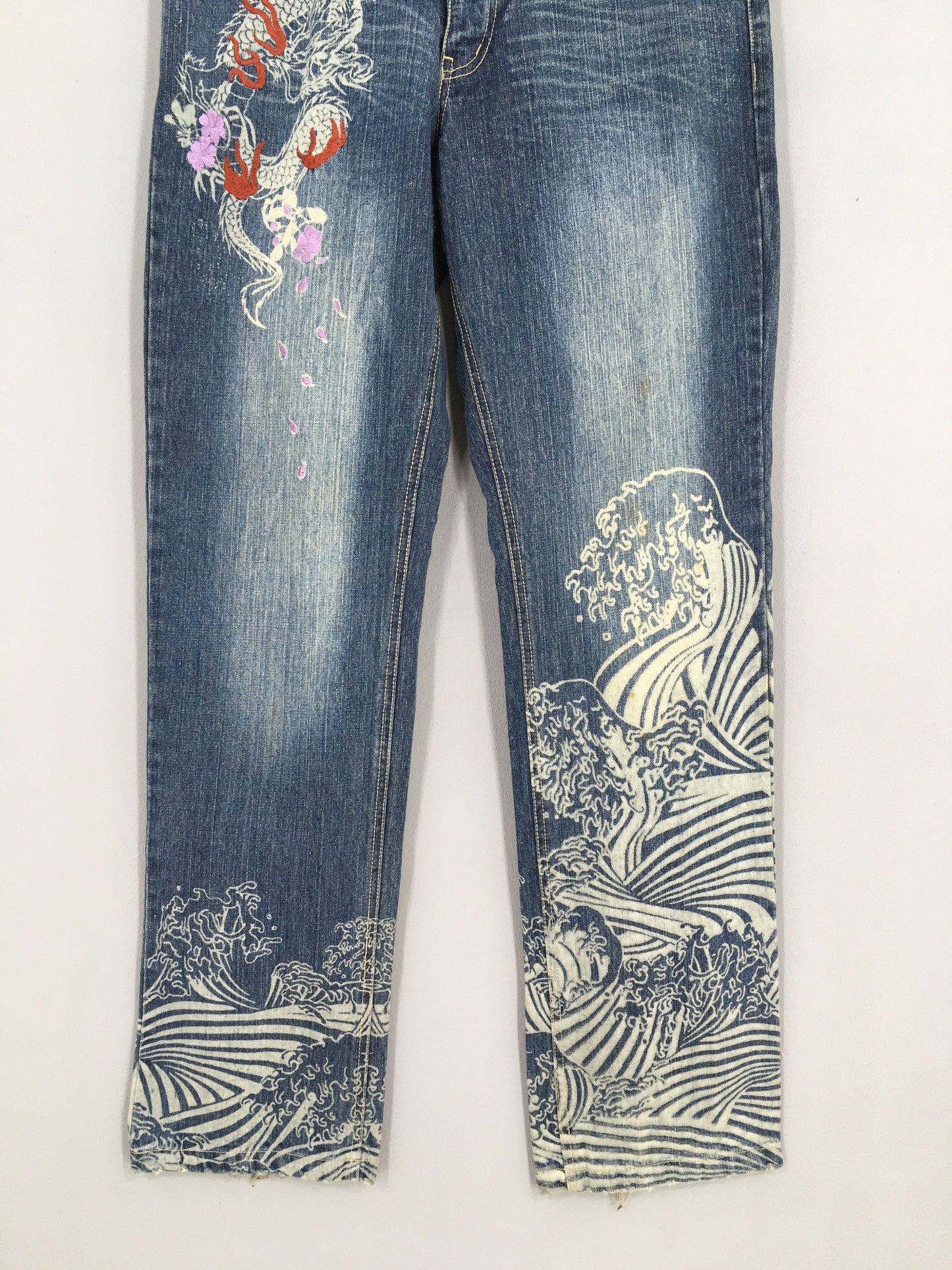 Japanese Sukajan Denim Fish Koi Art Denim Size 34x34