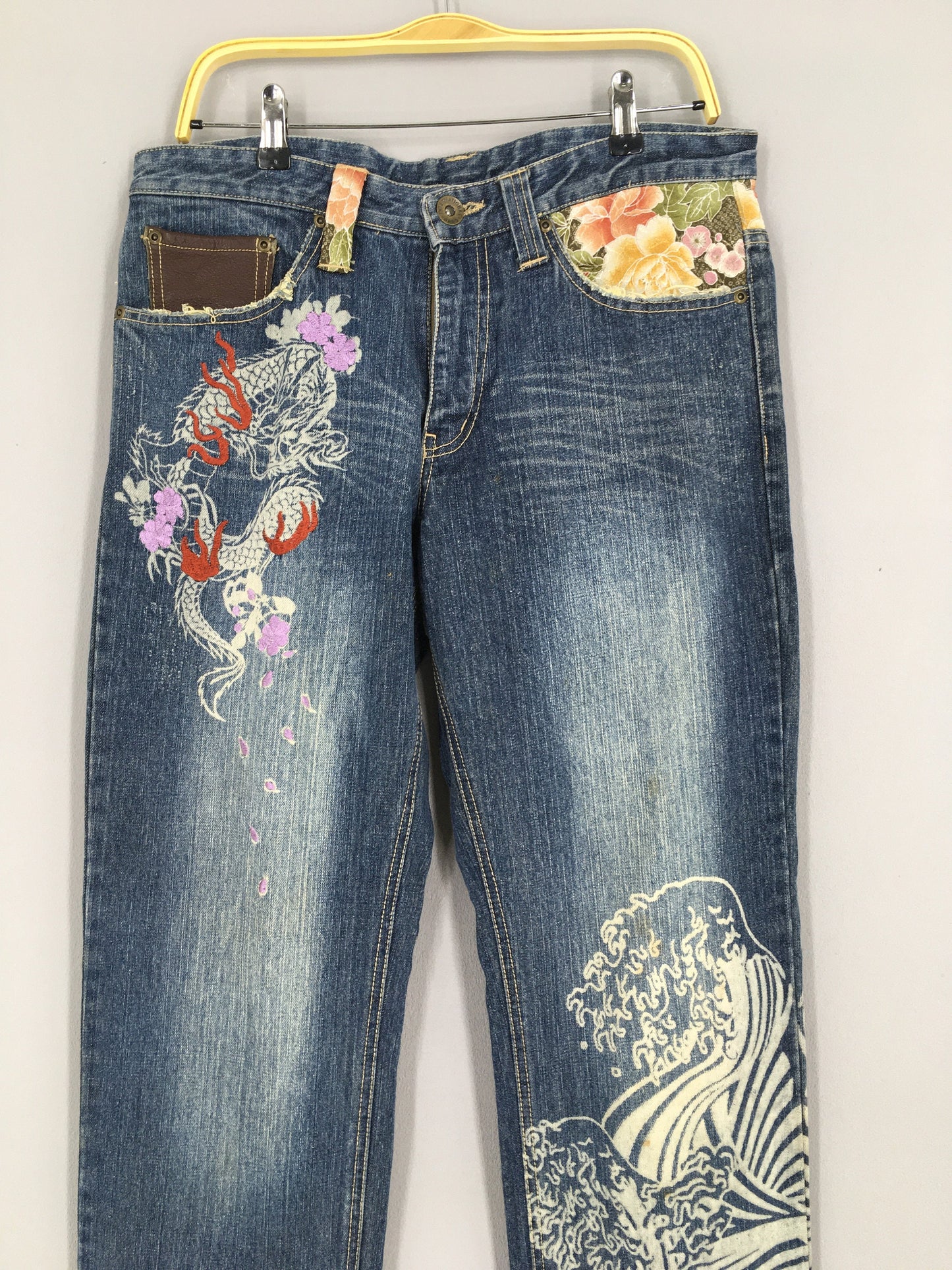 Japanese Sukajan Denim Fish Koi Art Denim Size 34x34