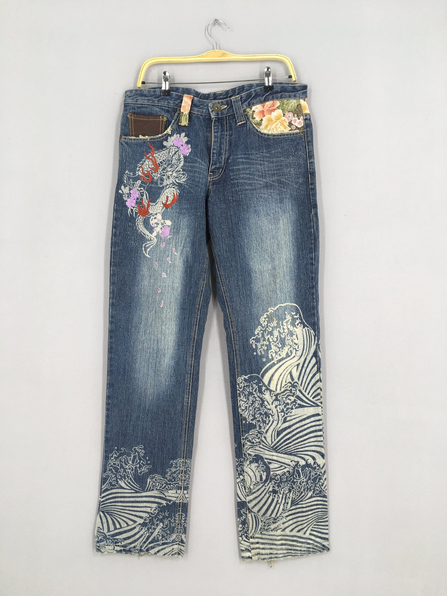 Japanese Sukajan Denim Fish Koi Art Denim Size 34x34