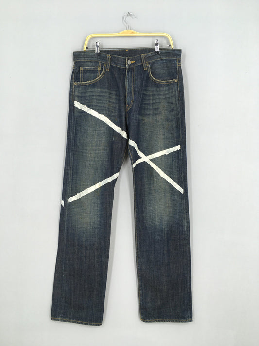 Japanese Brand Stripes Jeans Acid Stoned Wash Size 34x33.5