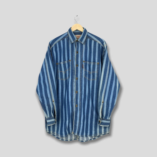 Bugle Boy Blue Denim Stripes Oxfords Shirt Medium