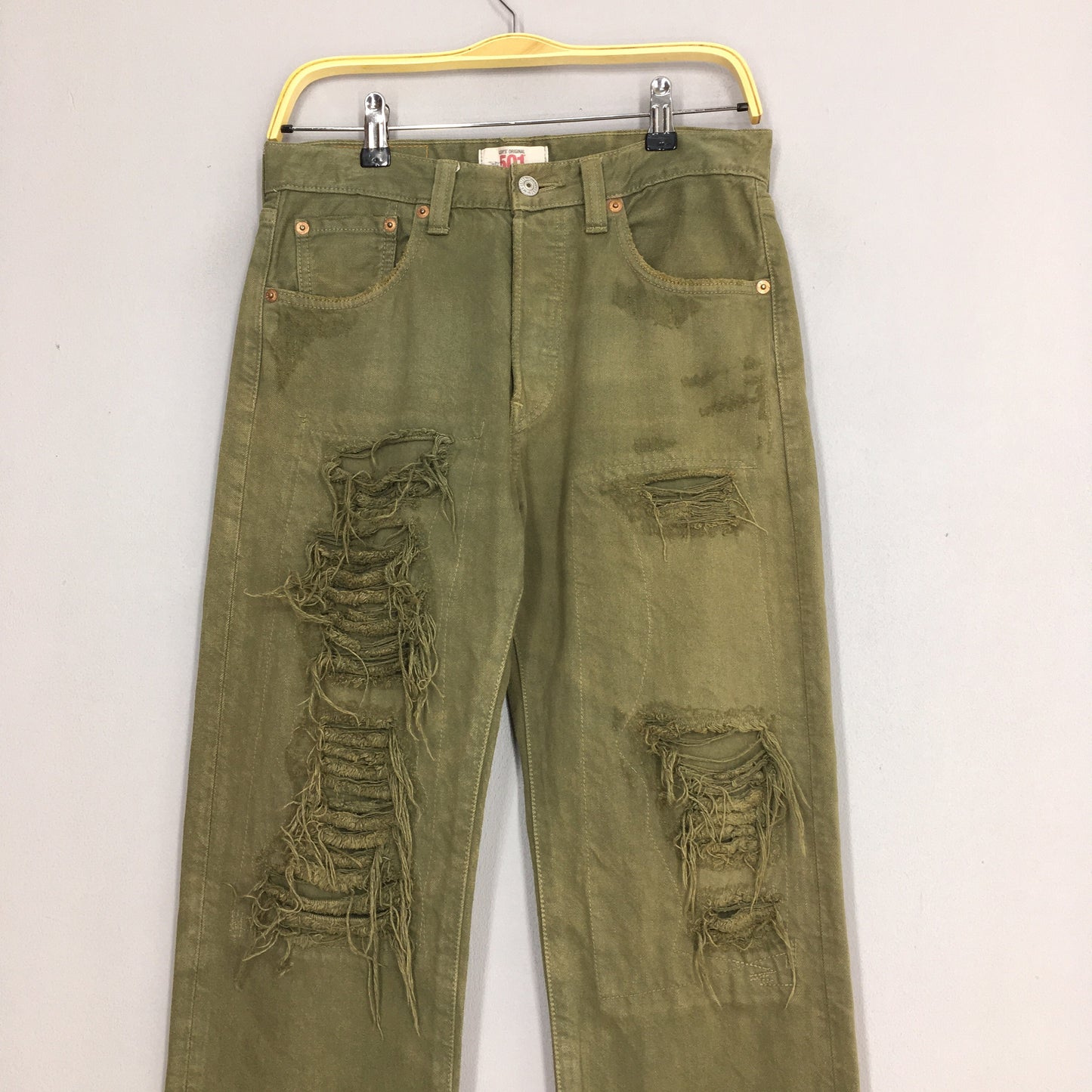 Levi's 501 Olive Green Distressed Ripped Jeans 28x29