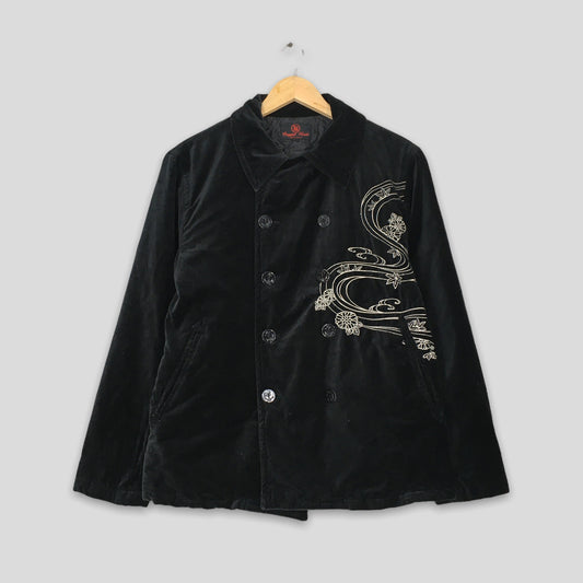 Cropped Head Dragon Embroidery Black Velvet Jacket