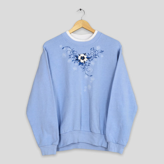 Top Stitch Flower Embroidery Blue Sweater Medium