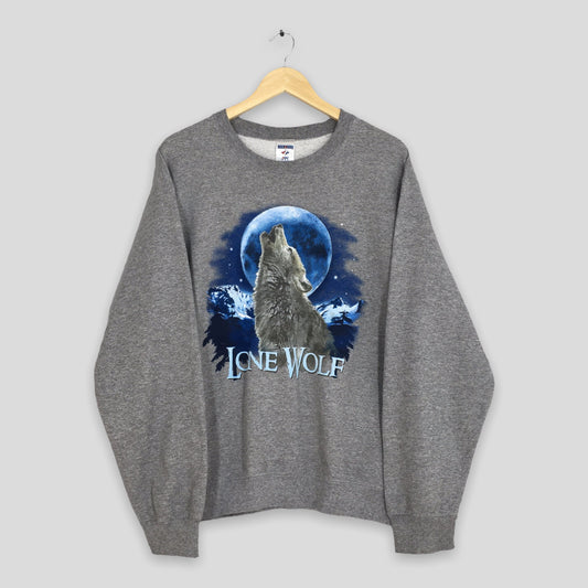 Y2K Lone Wolf Wildlife Gray Sweatshirt Medium