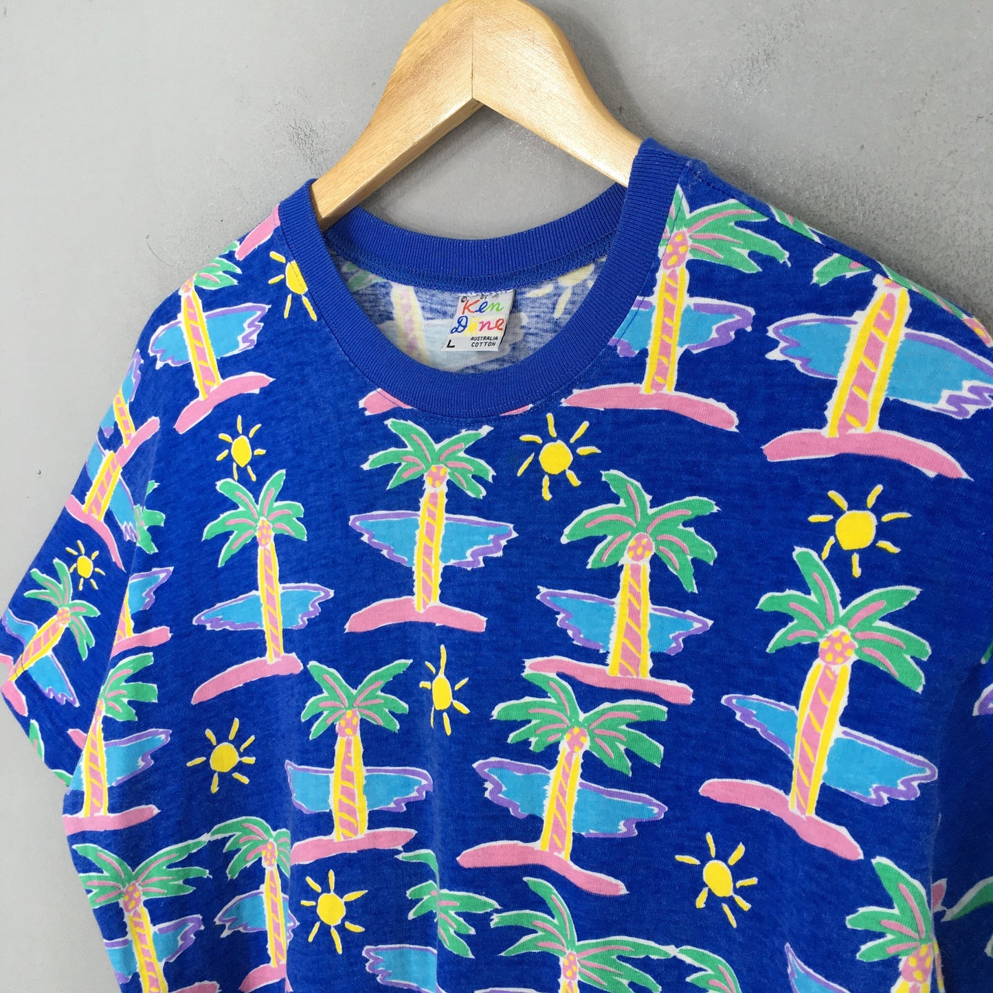 Ken Done Australia Coconut Tree All Over Prints Blue T shirt Large