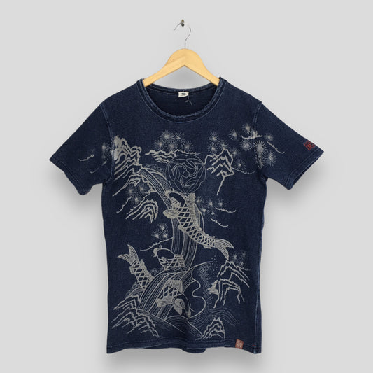 Eternal Japan Printed Fish Koi Sukajan Indigo Blue T shirt Small