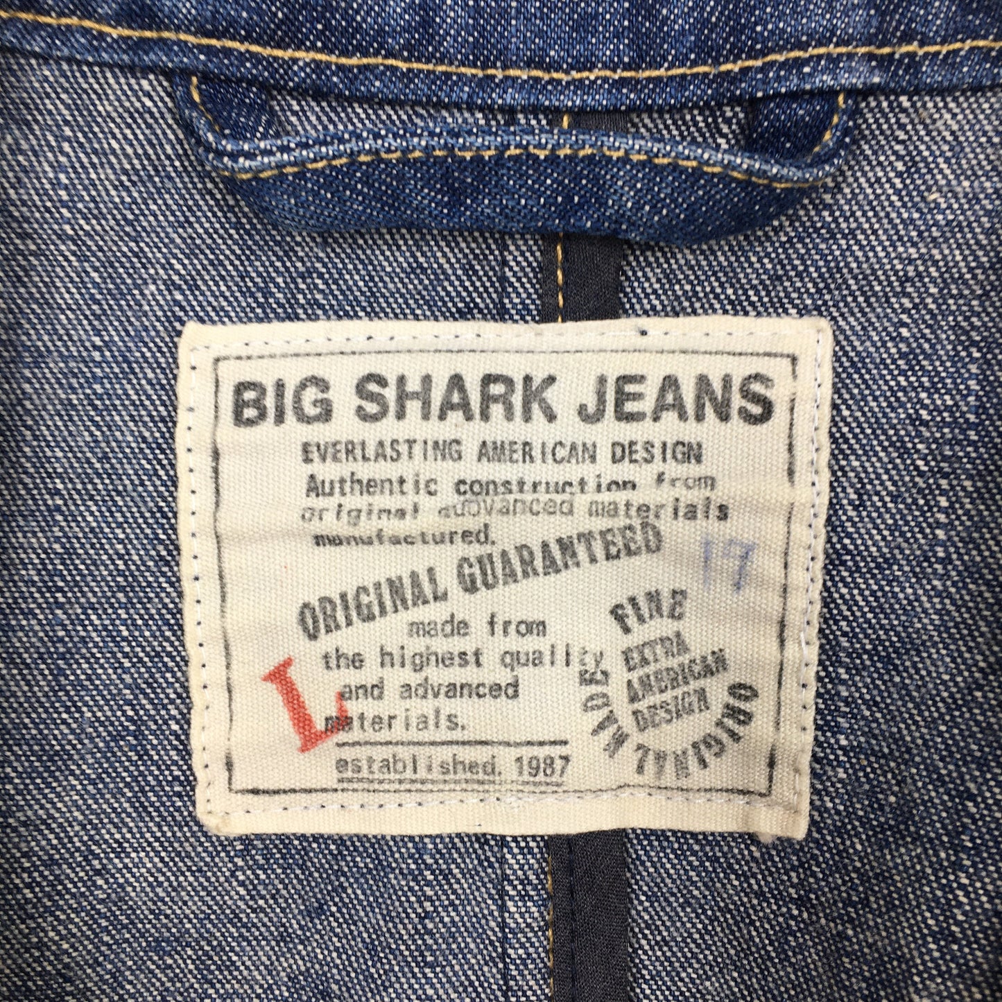 Big Shark Denim Workers Blue Jeans Jacket Large