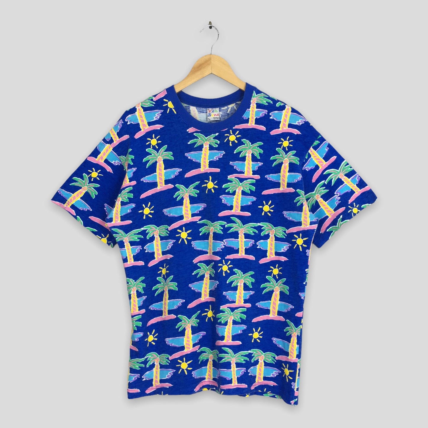 Ken Done Australia Coconut Tree All Over Prints Blue T shirt Large